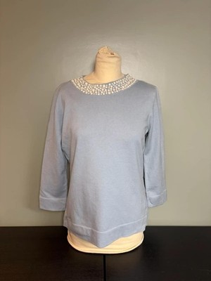 Calvin Klein Strickpullover Designer Pullover mit Perlenverzierung hellblau Gr. M