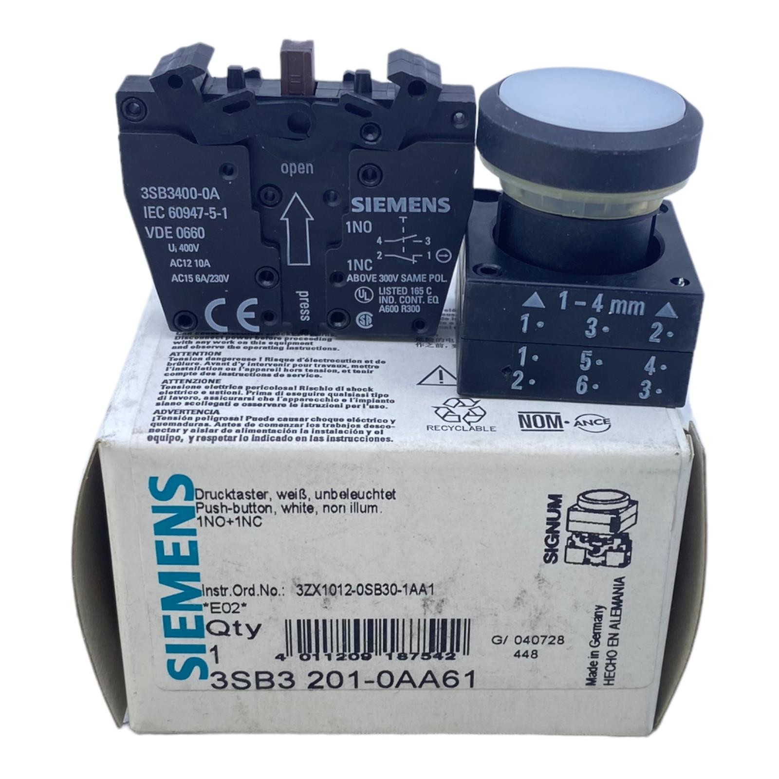 Siemens 3SB3201-0AA61 Pushbutton 400V AC12 10A AC15 6A/230V 1NO+1NC Siemens 400