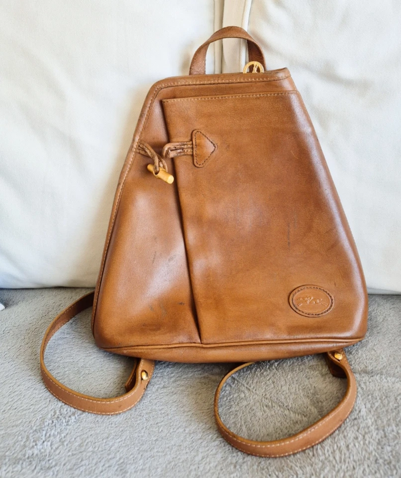 Sac à dos vintage Longchamp , modèle Roseau, coloris camel - Photo 1/4