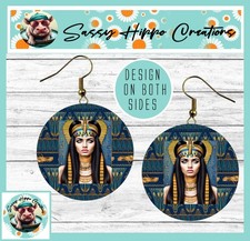 Earrings Round Gold Hook Backs Egyptian Goddess Pharoah Hieroglyphics MDF