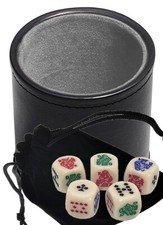 Poker Dice Rounded Corners Ivory Tone w/Pouch  PU Leather Grey Felt Lined Cup