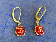 14K Yellow Gold Ladybug Earrings 2.14g Fine Jewelry Enamel Dangle Leverbacks