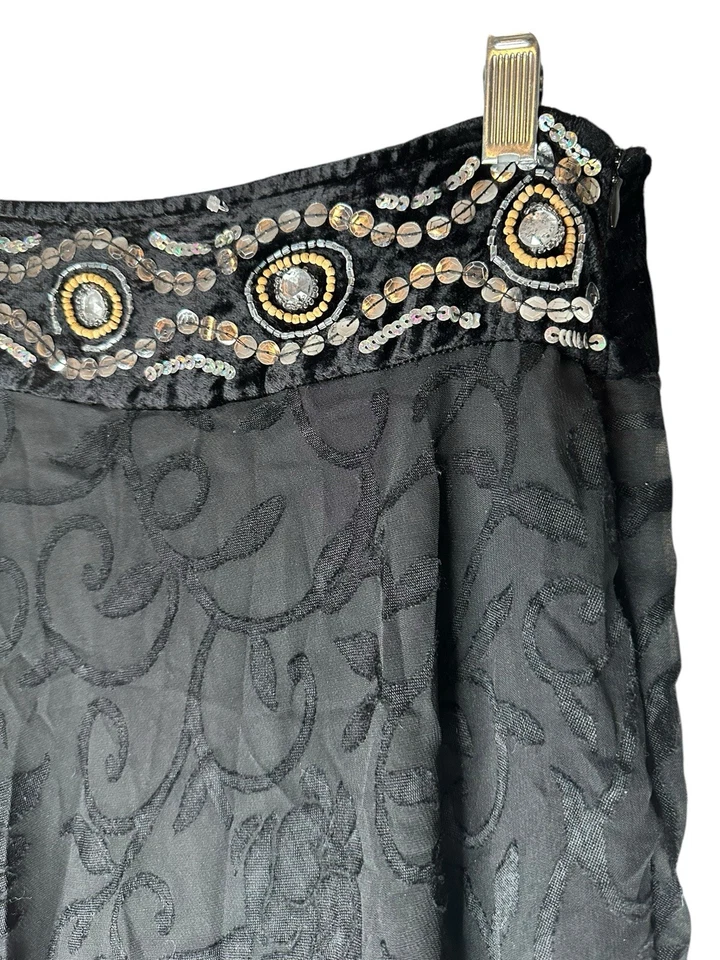 VTG Y2K Crushed Velvet Burnout Sequin Beads Whimsigoth Fairy Midi Black Skirt S - Image 2 of 4