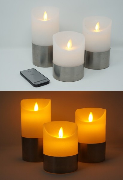 Led Echtwachs Stumpenkerze 3Er Set Weiß Mit Silberring Kerzen Mit Fernbedienung-image