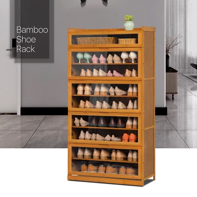 MONIBLOOM 30"Brown Bamboo [SLIPPER COMPARTMENT] 9-Tier Drop Down Acrylic Door Shoe Cabinet