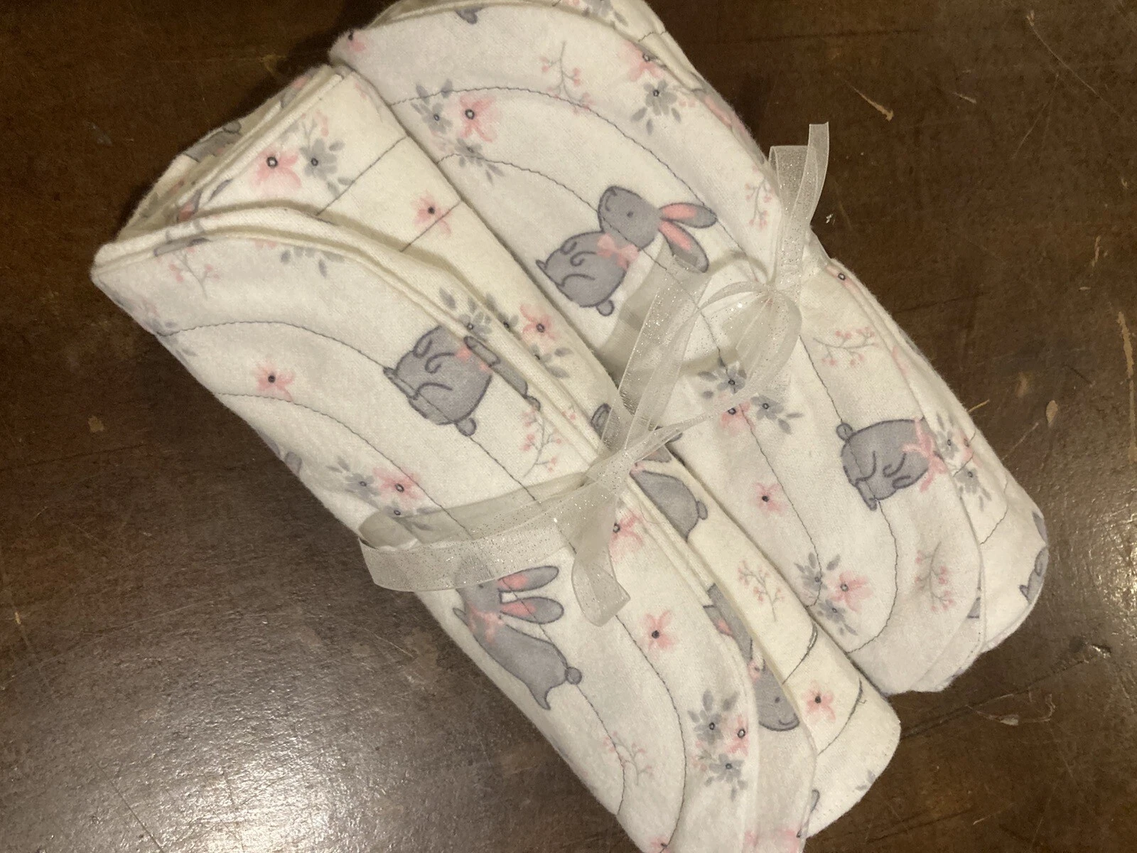 Baby Infant Burp Cloths~Gray Bunnies Large Homemade~Set/4~Skin Soft Flannel