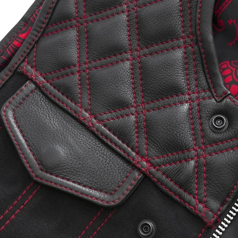 Men’s Biker Vest Or Hunt Club Leather Diamond Quilted Motorcycle Vest Black Red - Image 3 of 4