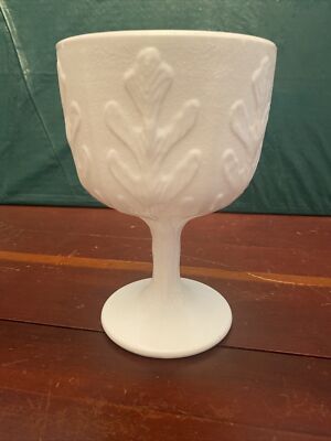 Vintage F.T.D. 1975 White Milk Glass Oak Leaf Pedestal Compote Vase