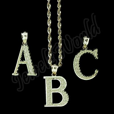 10K Yellow Gold Initial Letter Charm Pendant A-Z Alphabet Rope Chain (All Sizes)