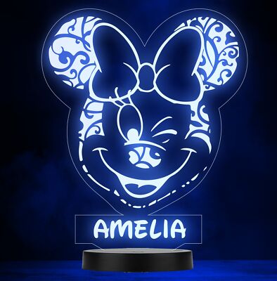 Mädchen Minnie Maus zwinkerndes Gesicht personalisiert Geschenk Farbwechsel Lampe Nachtlicht