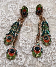 Lunch at the Ritz Peacock Feather Earrings Original Box with Gold Pouch