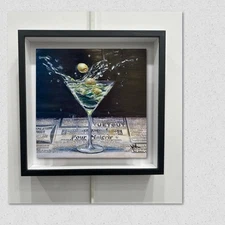 Original Oil Painting Still Life Martini  Splash Newspaper Map  Aluminum  Framed