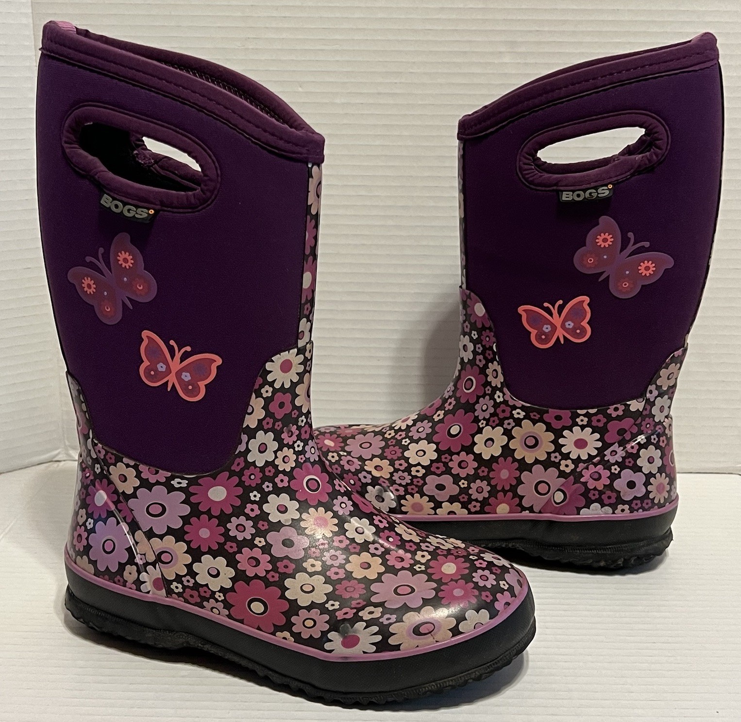 BOGS Kids Classic Rain Boots Flower Butterfly Youth 3 Purple Neoprene Waterproof