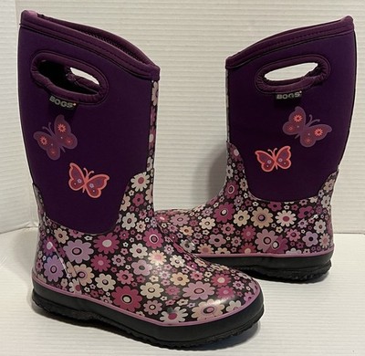 BOGS Kids Classic Rain Boots Flower Butterfly Youth 3 Purple Neoprene Waterproof