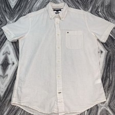 Tommy Hilfiger Linen Blend Button Down Shirt Men s Medium White Short Sleeve