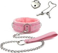Pu Leather Choker Collar with Leash and Lock Adjustable Size for Women Pink