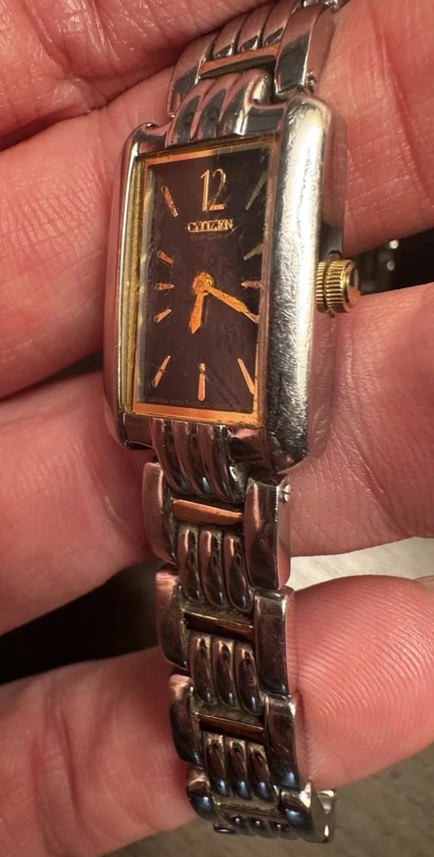 Citizen Eco-Drive Watch Black Dial Gold Accents Silver Bracelet - Image 3 of 4