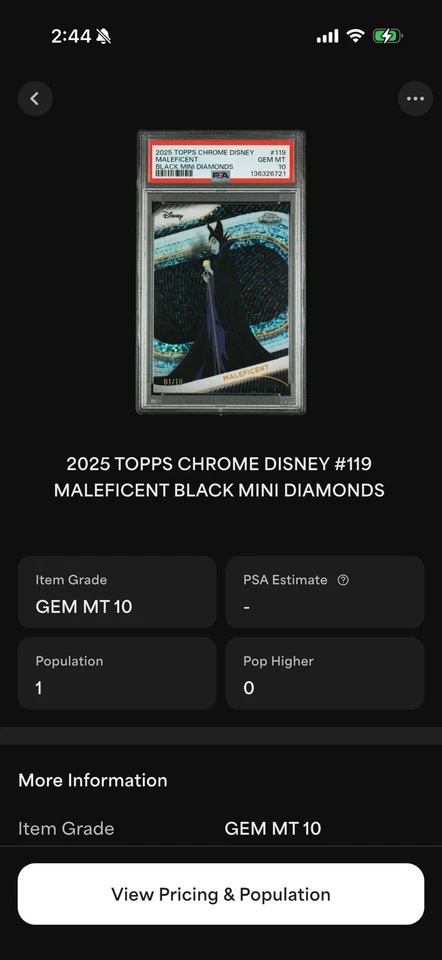 2025 TOPPS CHROME DISNEY #119 MALEFICENT BLACK MINI DIAMONDS 1/10 PSA 10 POP 1 - Image 4 of 4