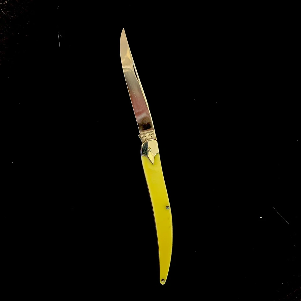 Palillo de dientes mediano Ka-bar asas amarillas con herrajes de bisagra de granero años 1930-40 ¡Como nuevo!! Foto 3 de 4