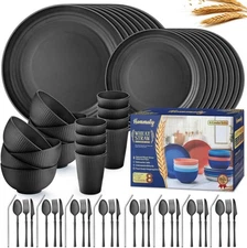 Wheat Straw Dinnerware Sets,64-Piece Black Plates and Bowls Sets for 8-Unbreakab