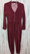 PUMA Womens XL Velour Jumpsuit Burgundy Zip-Up One Piece Tapered Leg Track Suit