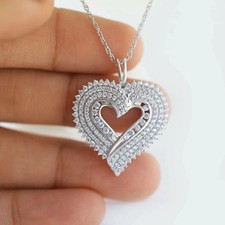 2 Ct Round Real Moissnaite 14k White Gold Plated Women's Heart Pendant Necklace