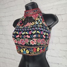 Sherri Hill Embroidered Halter Tank Sz Sm Boho Festival Cottage Hippie Fiesta 