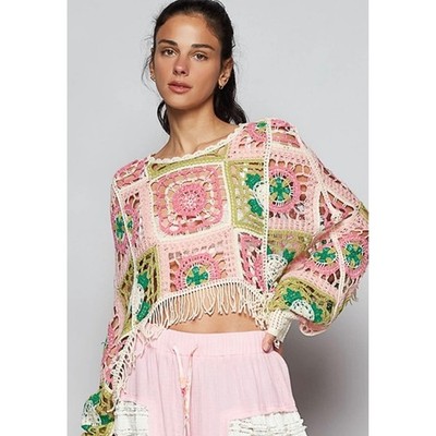 NWOT POL Granny Square Crochet Crop Top Pink Green Fringe Boho Sweater  OS