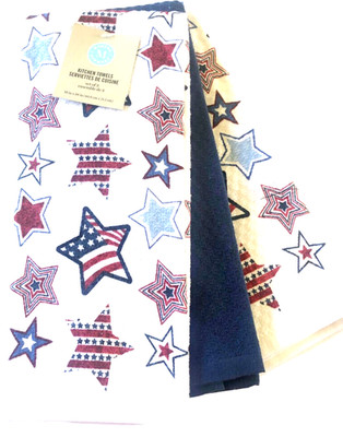 Martha Stewart Kitchen Dish Towels Set Of 3 Red White Blue Stars July 4th 16X28
