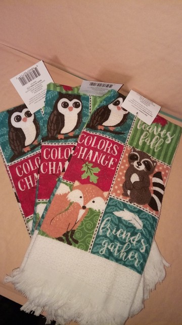 Fall Blessing Fox Owl Raccoon Themed Kitchen 3 Towel Set For