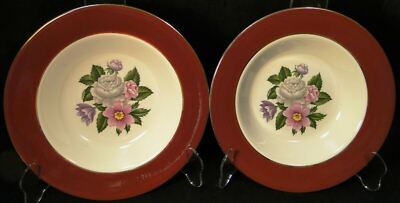 Homer Laughlin Margaret Rose Maroon Soup Bowls 8 3/8'' MW185 Set of 2 Excellent
