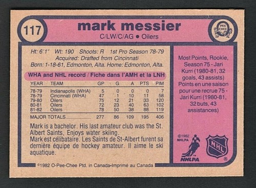 Mark Messier Edmonton Oilers 1982-83 O-Pee-Chee Card #117 - Picture 2 of 2