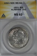 1921 .50  ANACS MS 62  ALABAMA 2X2  Classic Silver Commemorative Coin
