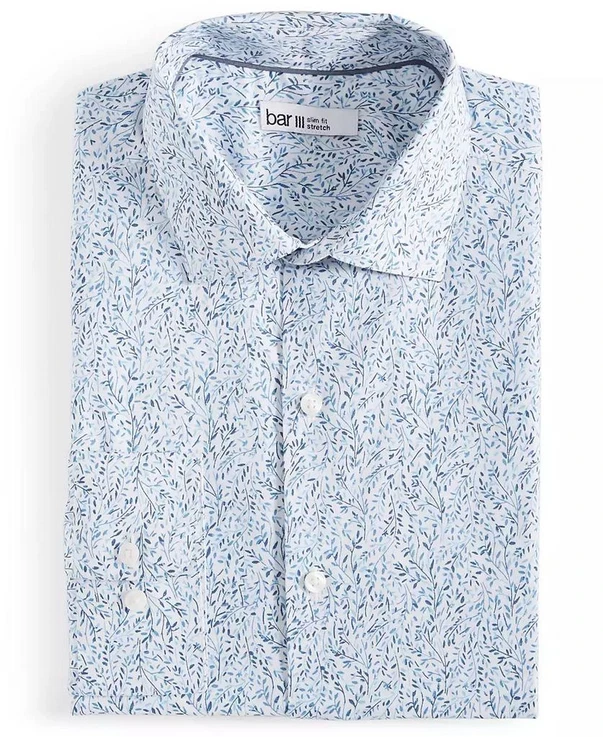Camisa de vestir floral ajustada Bar III para hombre, blanca azul, grande 16-16 1/2 Foto 2 de 4