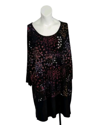Woman Within Top Women 2X 26/28 Black Floral Fireworks Zip Sleeve Knit Pullover 