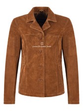 Woman’s Real Tan Suede Leather Classic Blazer Style Box Buttons Jacket Jennifer
