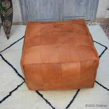 Leather Boho Pouf Ottoman Moroccan Genuine Footstool Pouffe Handmade Brown Large