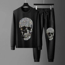 New Men Luxury Skull Rhinestones Black Hoodie Pants Fashion Tracksuit