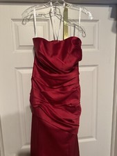 David's Bridal Apple Red Long Satin Dress W/ Pleating F15142 Women's Size 4 NWT