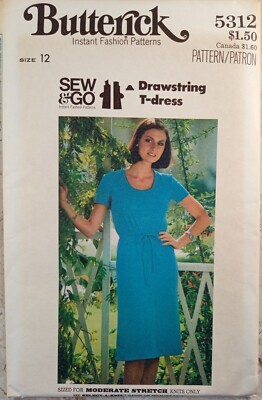 BUTTERICK 5312 VTG 70s Dress Drawstring T Uncut Sewing Pattern Misses 12 Sew Go