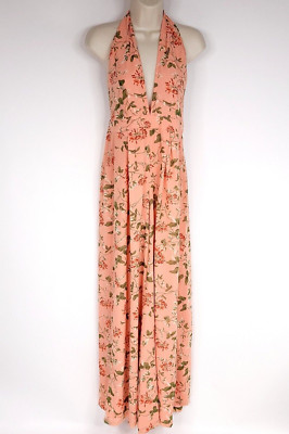 Endless Rose Womens Jumpsuit M Coral Floral Wide Leg Deep V Neck Halter Back