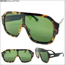 Mens Women Oversized Retro Modern Style SUNGLASSES Big Tortoise Frame Green Lens