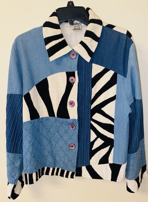 PARSLEY & SAGE Tapestry Jacket Black White Blue Jean Patchwork Coat Blazer Sz M