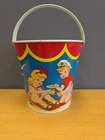 Ohio Art Tin Litho Sand Bucket Boy & Girl & Dog At Beach Picnic Vintage Pail