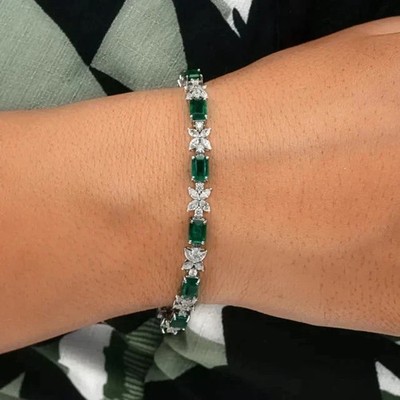 3.12 Ctw Emerald Cut Lab-Created Emerald Floral Bracelet 14K White Gold Plated