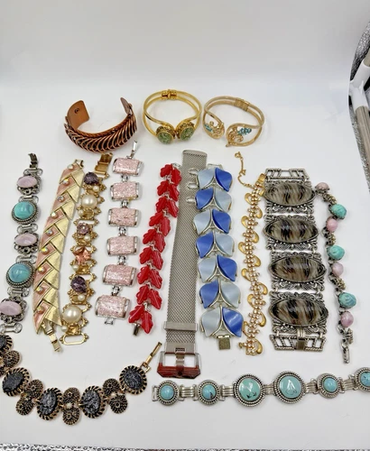 Vintage Bracelet Lot Panel Link Thermoset Renoir 15 Piece MCM Costume Jewelry