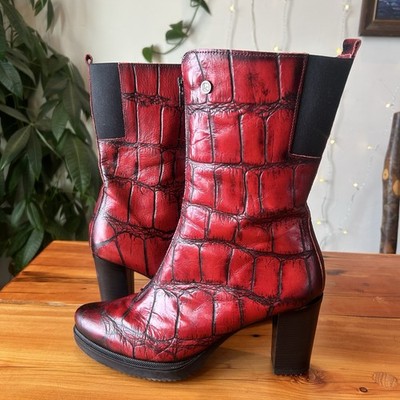 Jose Saenz Made In Spain Red Leather Alligator Pattern Boots Zipper Size 9 40