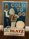 VINTAGE BLATZ EMBOSSED FOIL BEER SIGN KEG MAN FLAT TOP CAN MILWAUKEE WISCONSIN