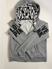 PINK Victoria's Secret Full Zip Hoodie Gray Logo Love Pink Women's Size L