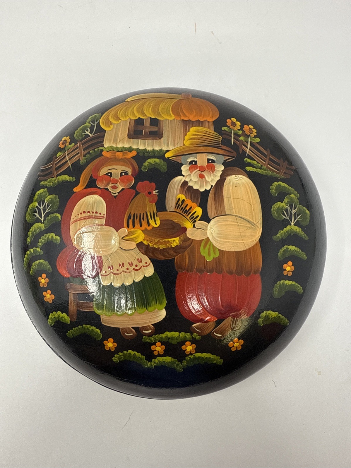 Vintage Hand Painted Lacquer Folk Art Trinket Box 6” USSR